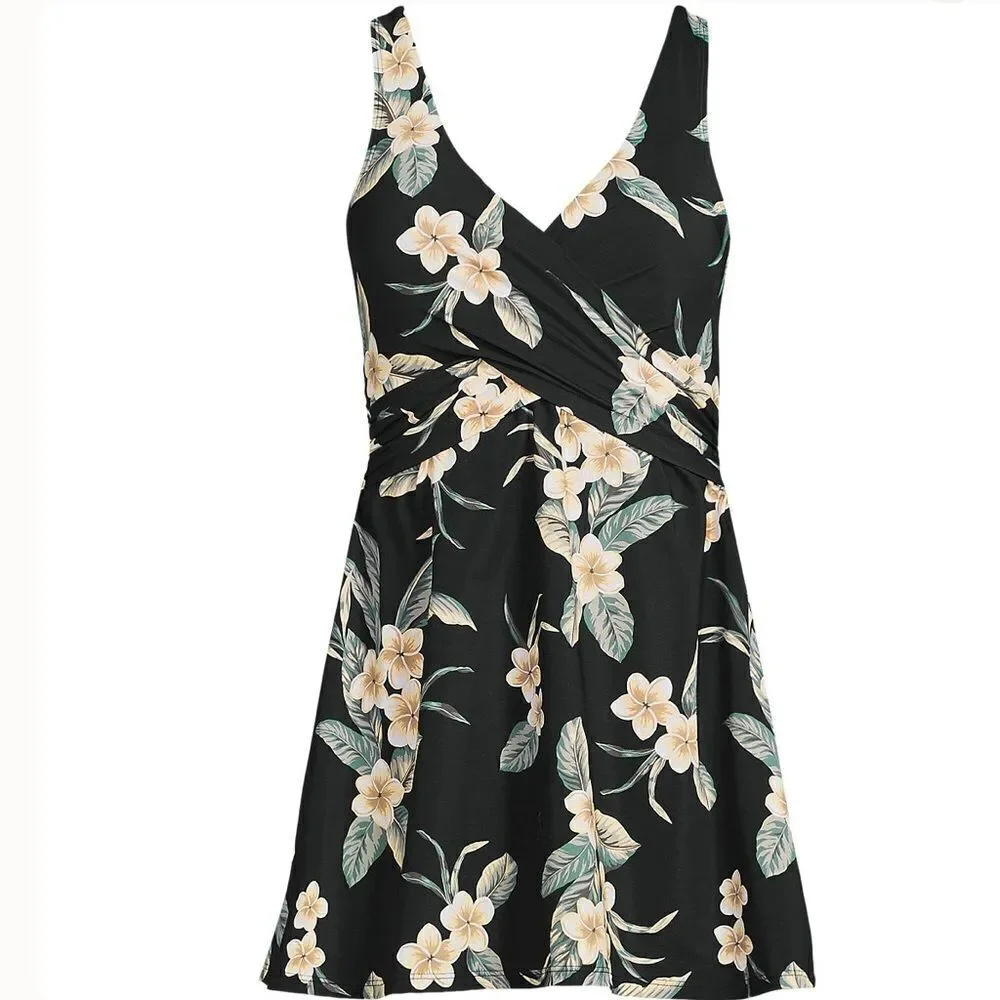 Land's End Slender Suit Swim Dress 1 Piece black plumeria floral Various sizes